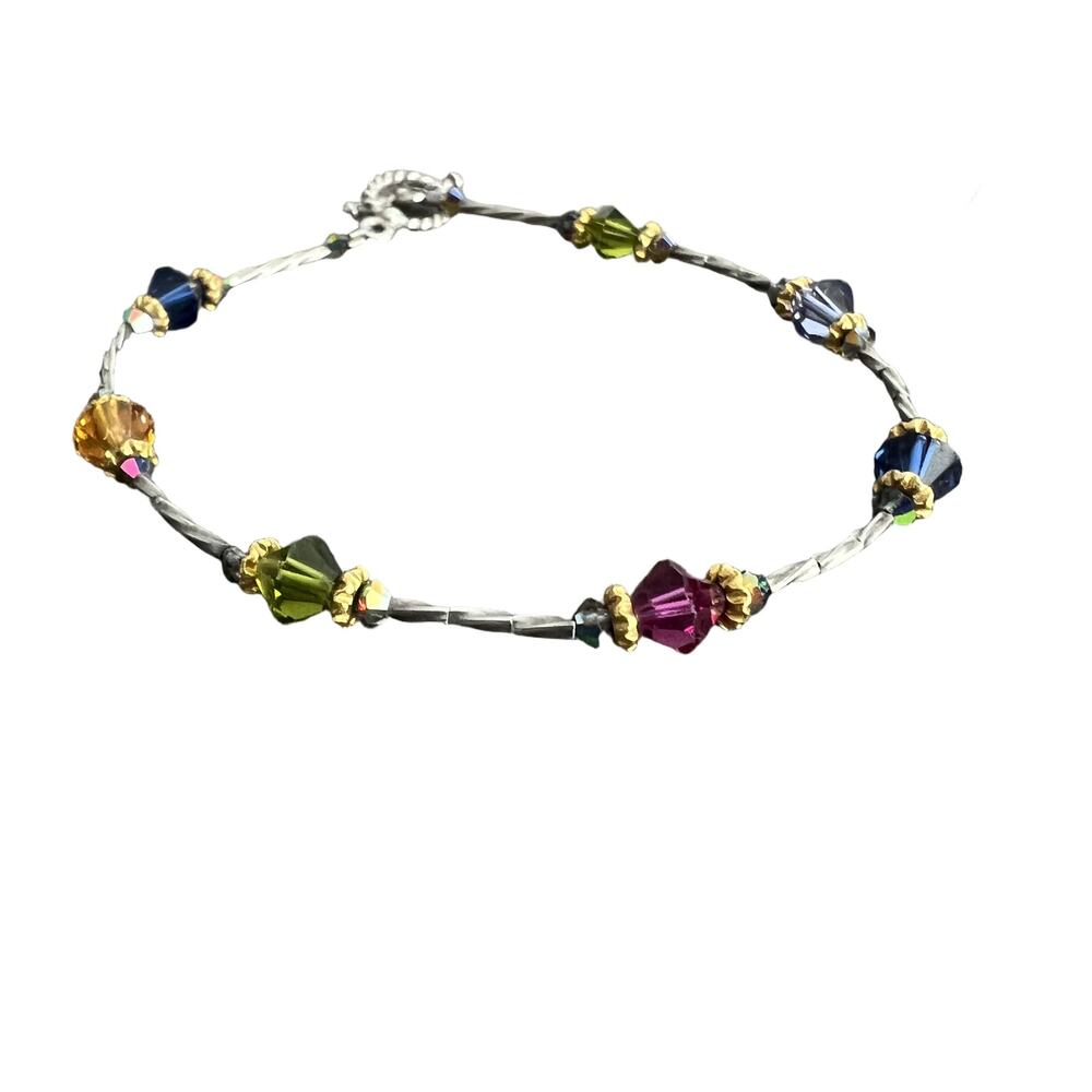 Multicolored jewel tone beaded silver t-clasp elegant bracelet